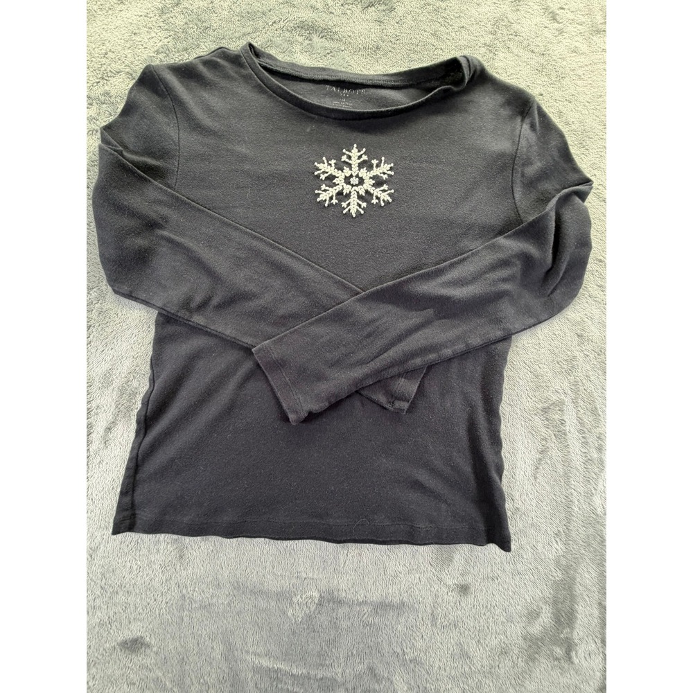 Talbots Womens Black Long Sleeve Cotton Snowflake Beaded Tee Top Size M